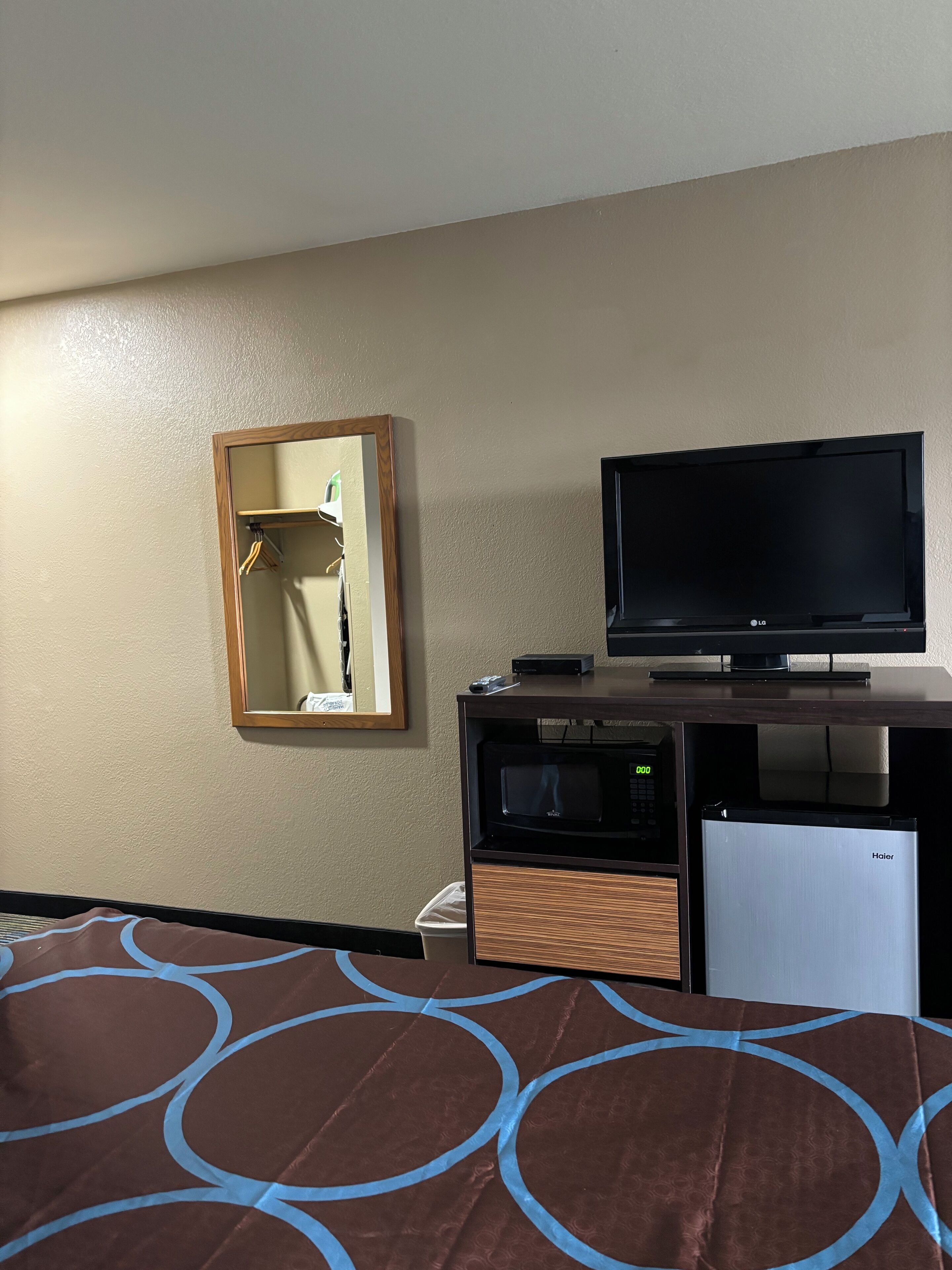 A hotel room with a bed, a television, a microwave, and a refrigerator.