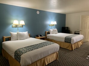 Desk, laptop workspace, blackout curtains, iron/ironing board