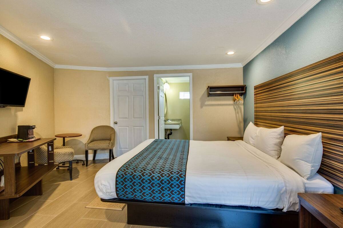 A hotel room with a bed, a desk, a chair, a television, and a mirror.