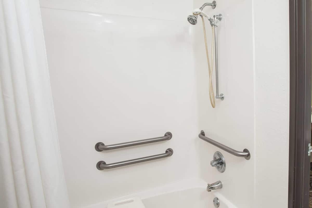 Une salle de bain avec une baignoire blanche, deux barres d’appui, une pomme de douche et un pommeau de douche amovible.