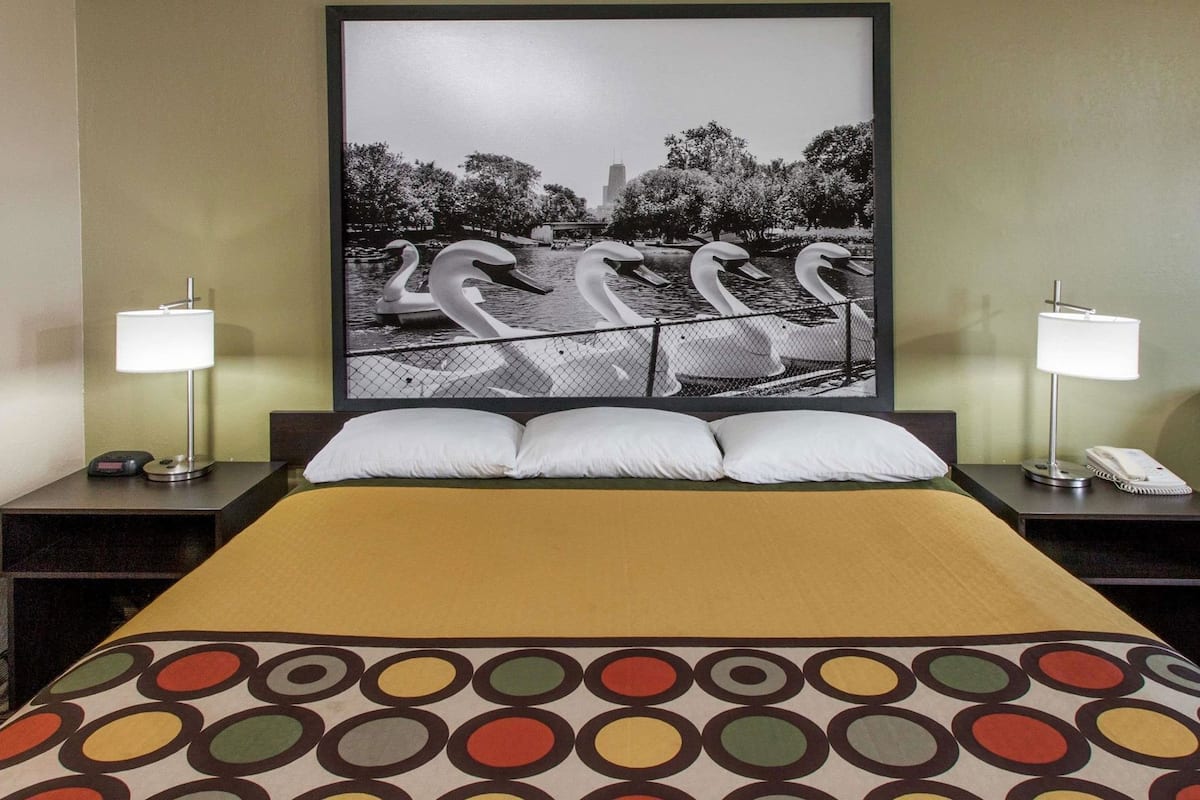 Une chambre d’hôtel avec un grand lit, deux tables de chevet avec des lampes, un tableau encadré représentant des cygnes et une couvre-lit à motifs.