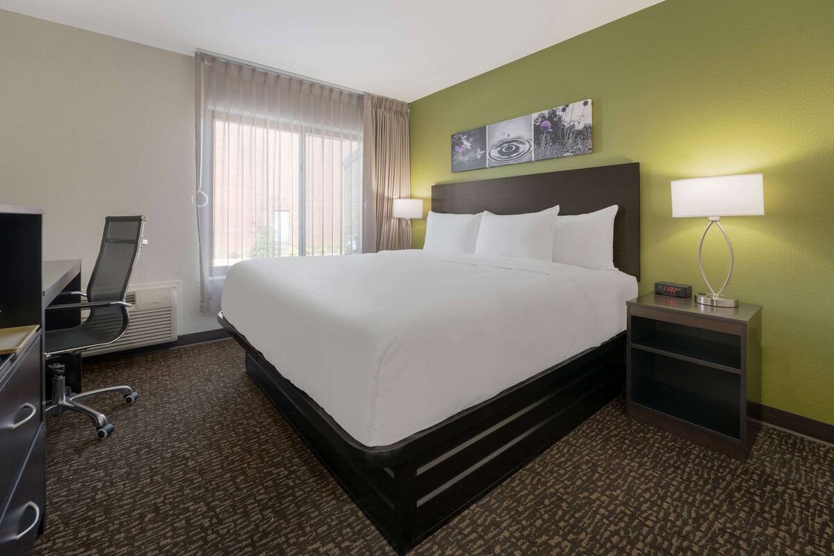 A hotel room with a large bed, a desk with a chair, a TV, and a nightstand with a lamp.