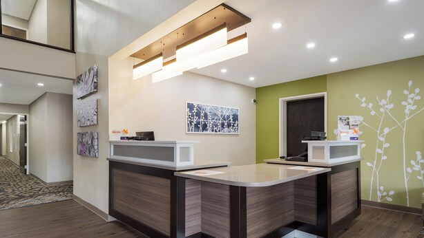 A reception desk with a modern design, featuring a light wood finish and a white countertop. There are two receptionists' stations, each equipped with a computer and a small desk. The reception area is well-lit with recessed ceiling lights and has a green accent wall with a white floral pattern. - Sleep Inn Madison (Madison)