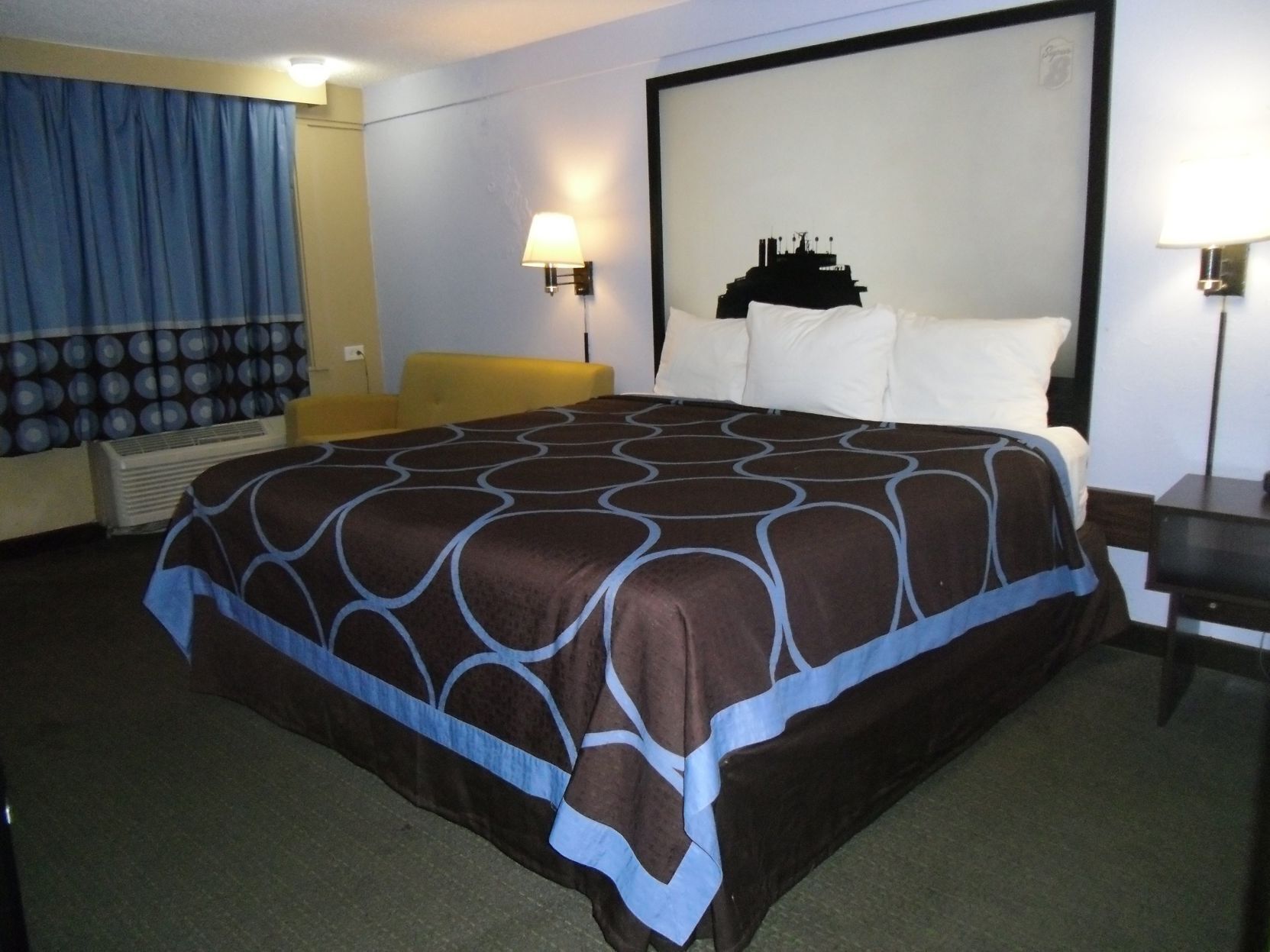 Desk, laptop workspace, blackout curtains, iron/ironing board