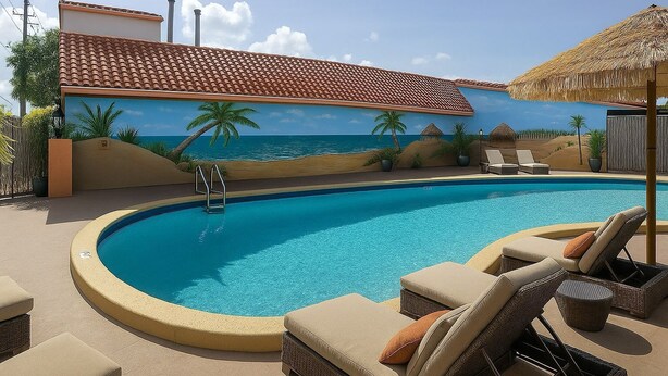 A swimming pool with lounge chairs and a view of the ocean. - Super 8 by Wyndham Lantana West Palm Beach (Lantana)
