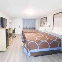 Desk, laptop workspace, blackout curtains, iron/ironing board