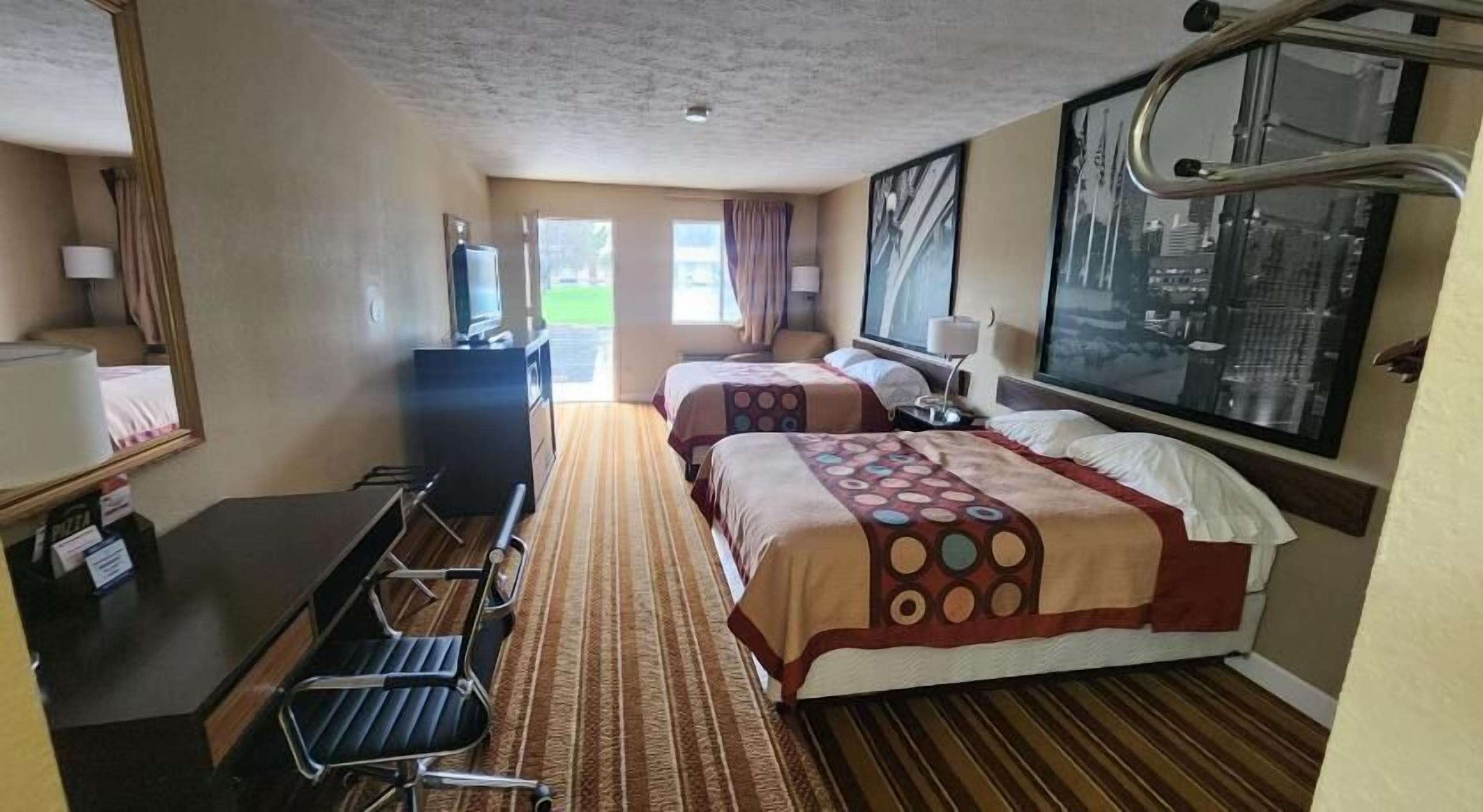 Desk, laptop workspace, blackout curtains, iron/ironing board