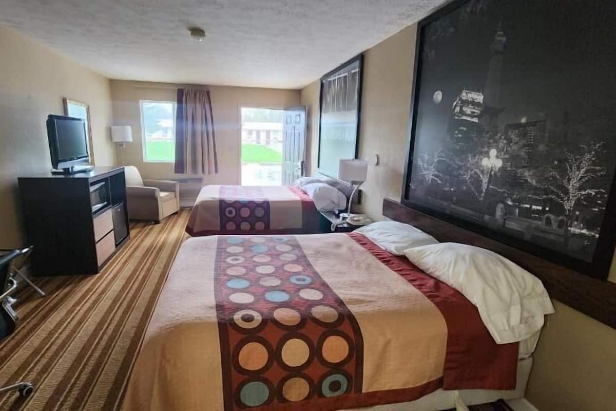 Desk, laptop workspace, blackout curtains, iron/ironing board