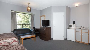 A hotel room with a bed, a desk, a television, a microwave, and a kitchenette.