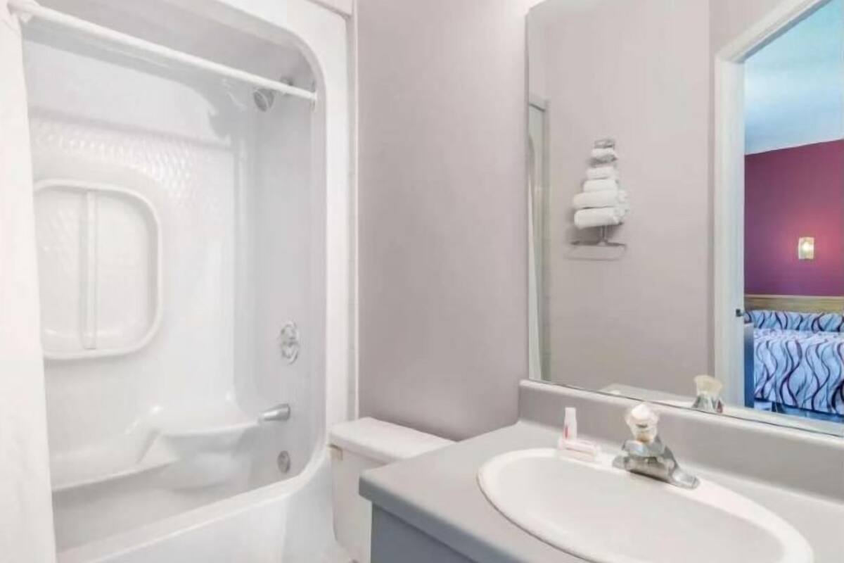 Combined shower/tub, free toiletries, hair dryer, towels