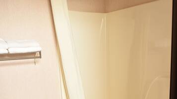Hydromassage showerhead, hair dryer, towels, soap