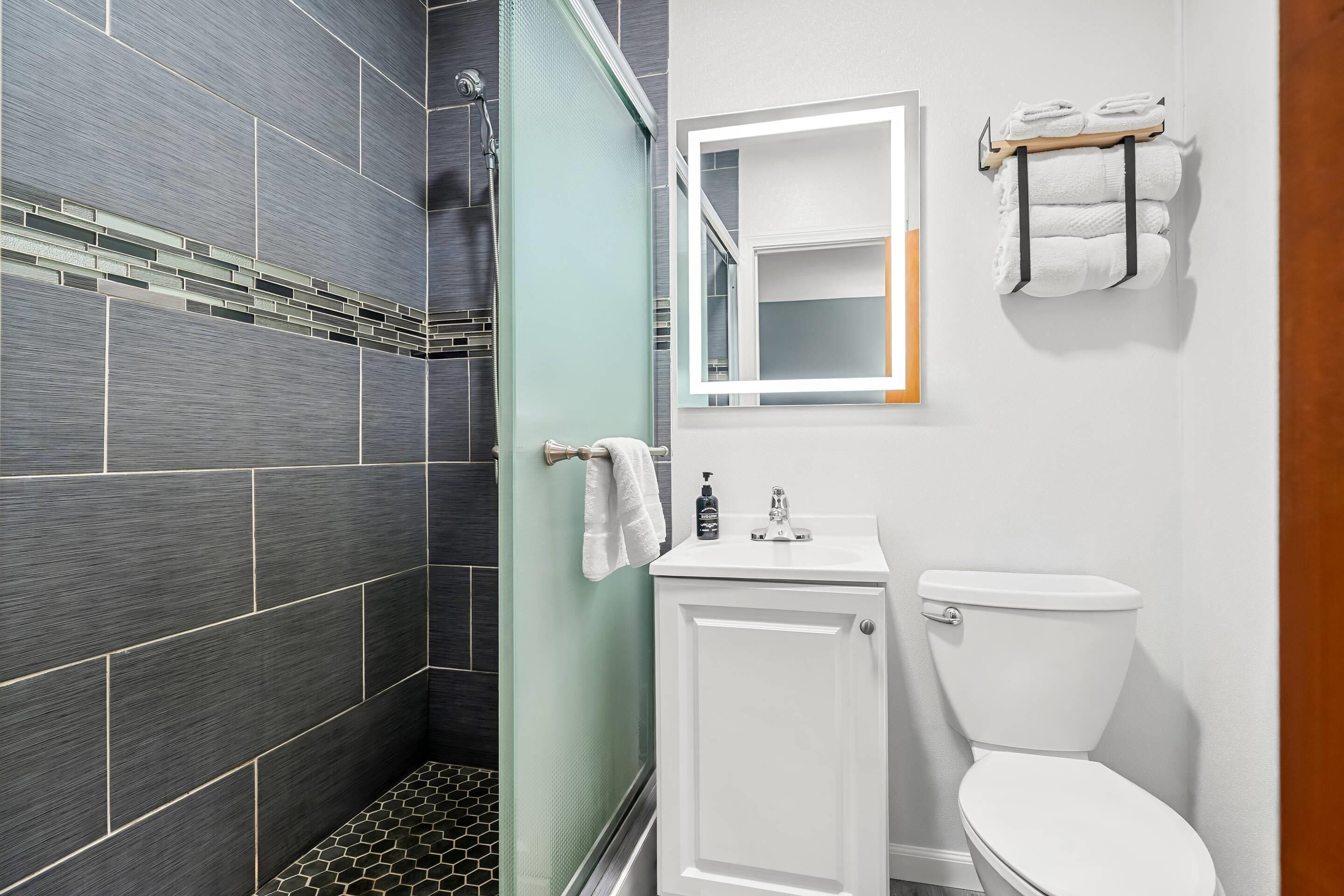 Une salle de bain avec douche, toilettes et lavabo.