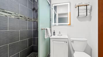 Une salle de bain avec douche, toilettes et lavabo.