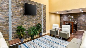 Recepció moderna amb paret de pedra, televisió de pantalla plana, zona de seients amb sofàs, una taula petita i plantes en testos.