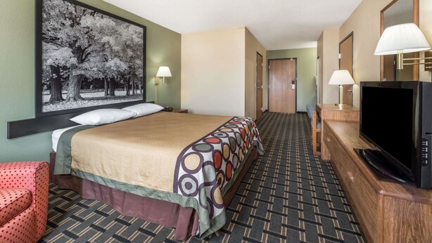 A hotel room with a bed, a television, a desk, and a chair.