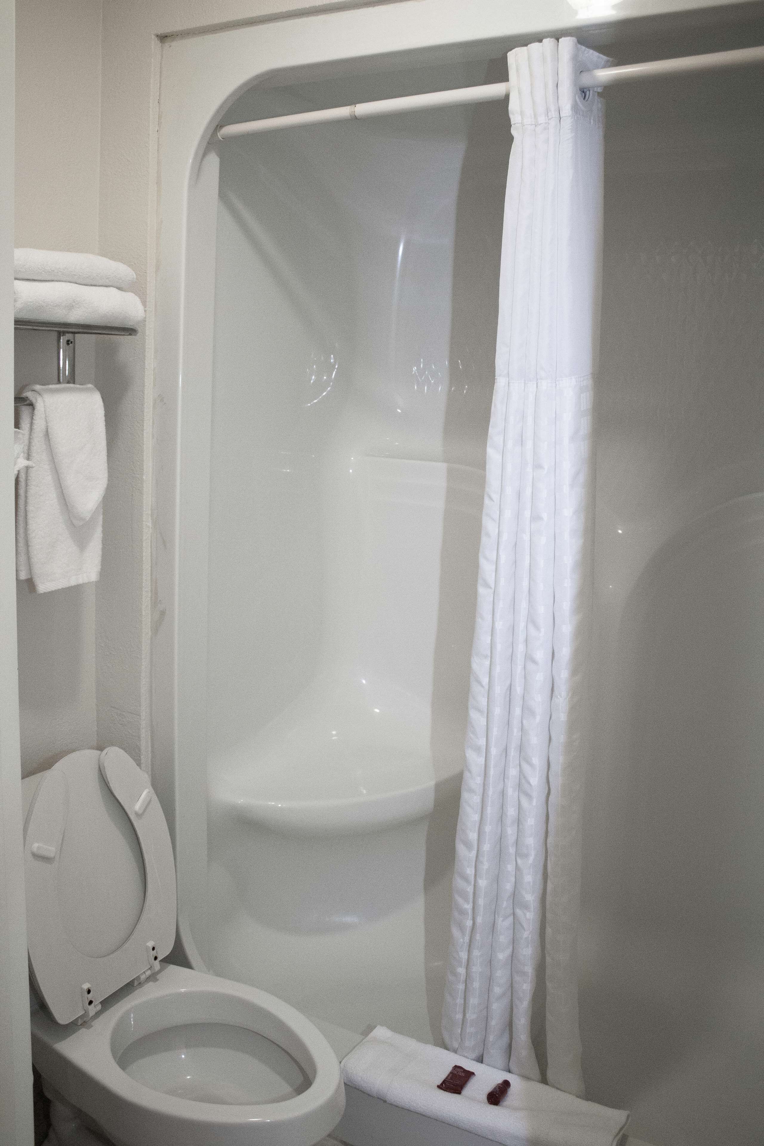 A bathroom with a toilet, a shower, and a towel rack.