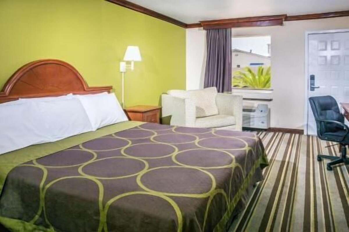 Habitación de hotel con cama, una silla, un escritorio y ventana con vistas.