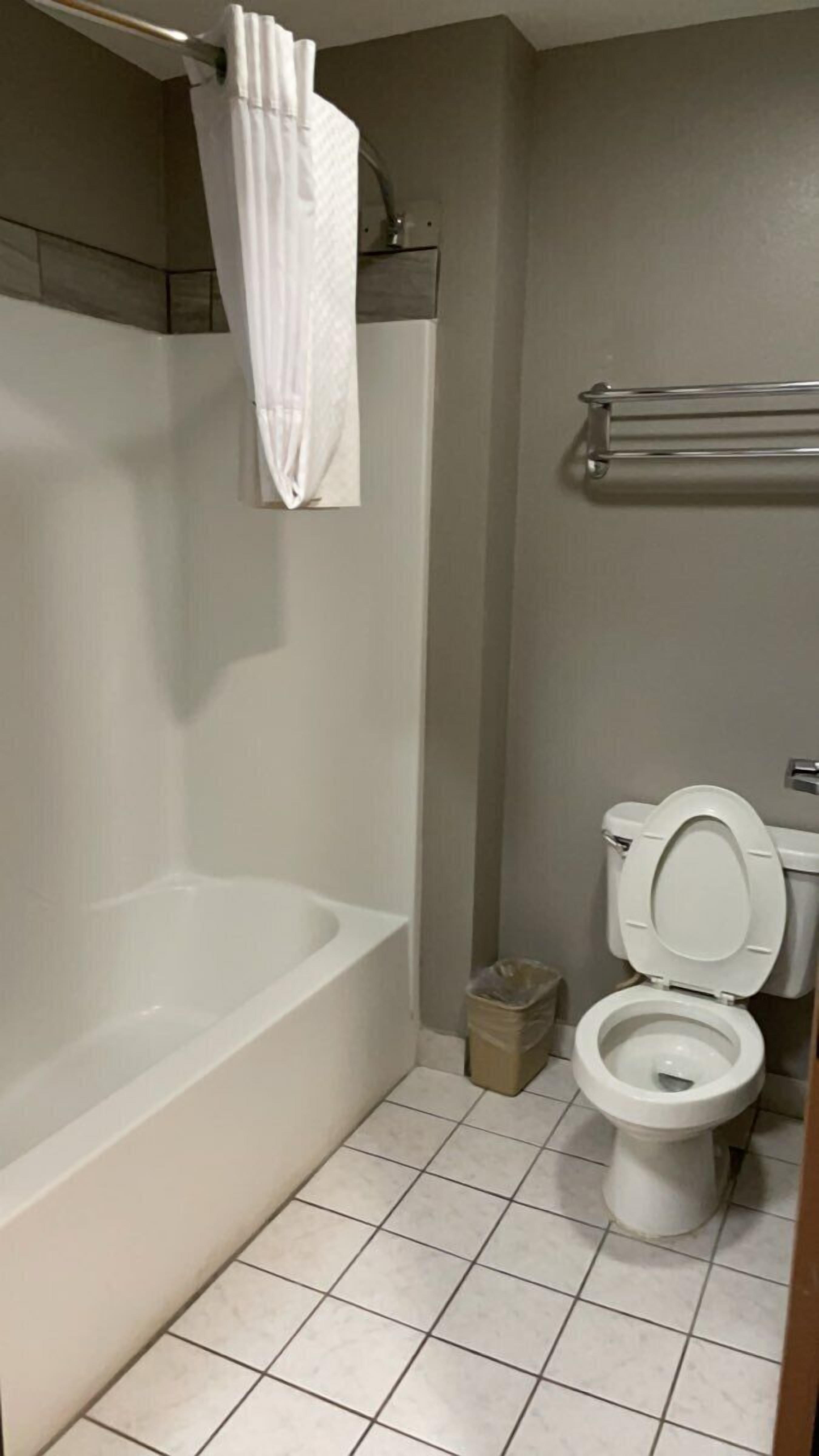 Un baño con bañera, inodoro y cortina de ducha.