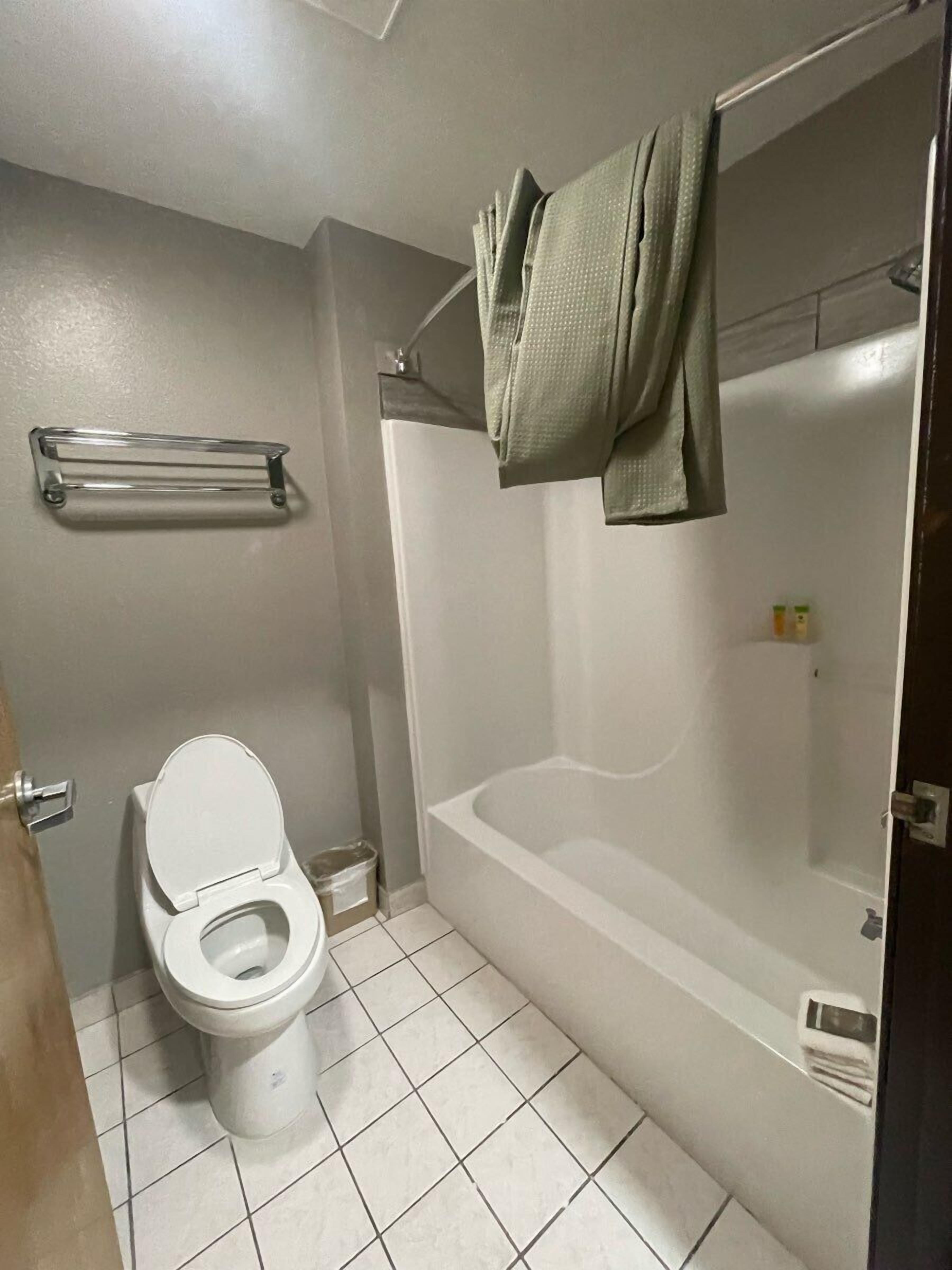 Un bagno con il water, una vasca e una doccia.