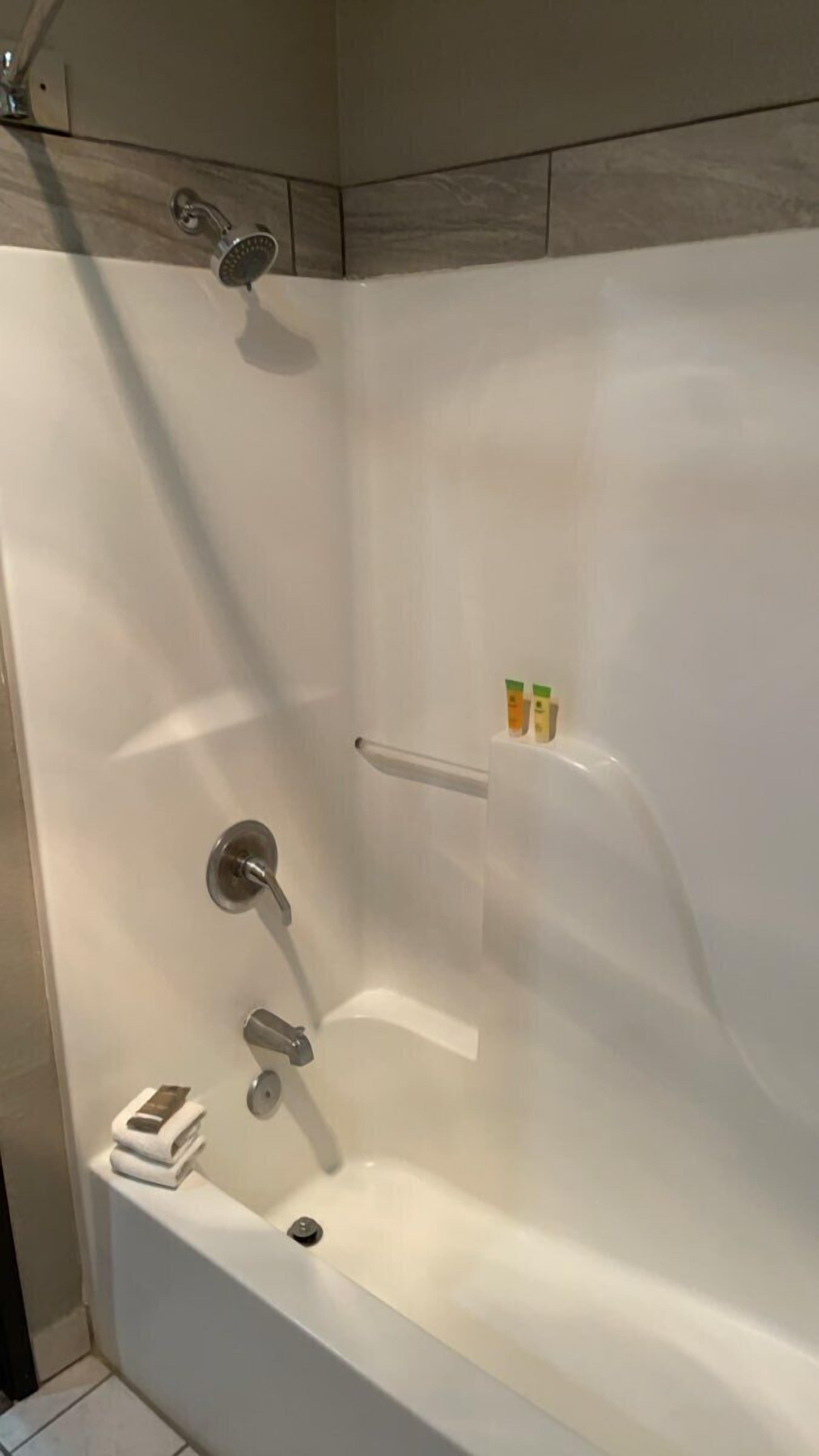 Una bañera grande y blanca con cabezal de ducha, ducha de mano y masajeador manual. Hay dos botellas pequeñas en el estante.