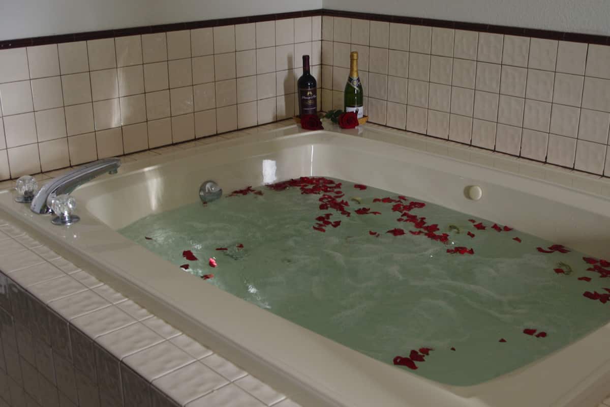 Suíte, 1 cama Queen, banheira de hidromassagem | Escrivaninha, ferros/tábuas de passar roupa, Wi-Fi de cortesia