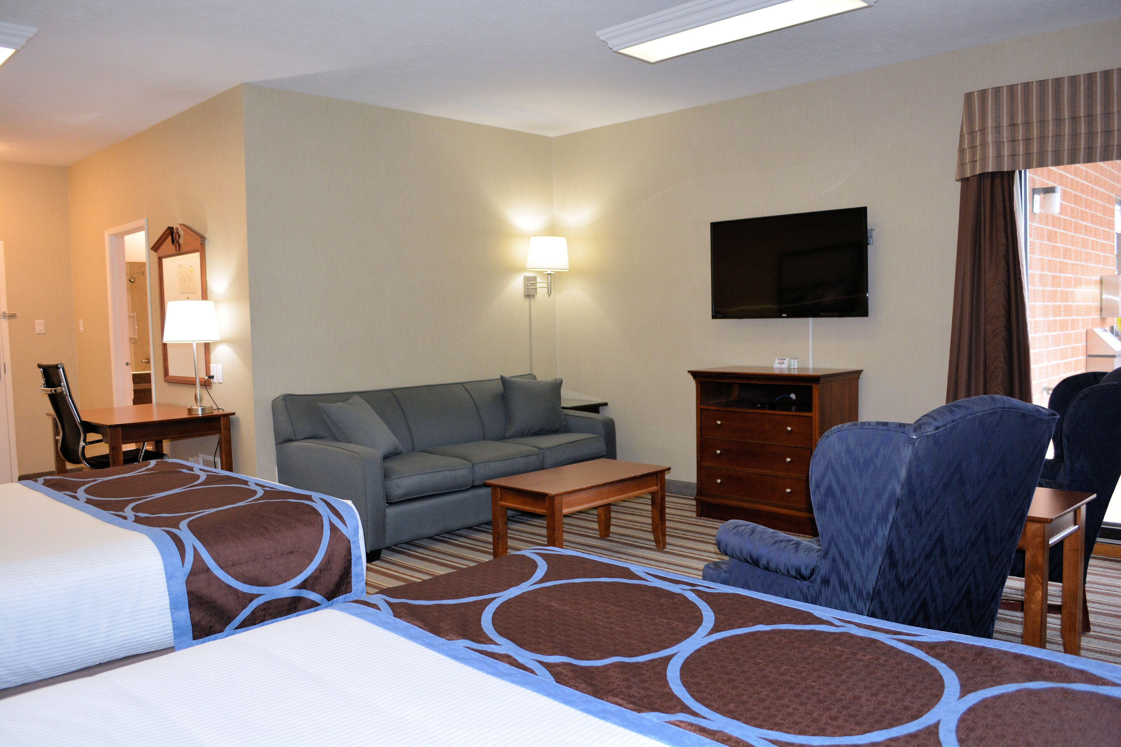 A hotel room with a bed, a sofa, a TV, a desk, and a chair.