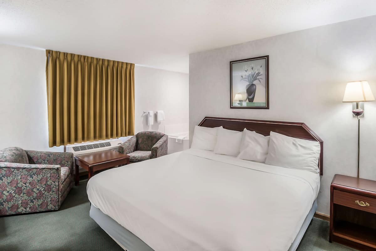 A hotel room with a large bed, a sofa, a chair, a desk, and a lamp.