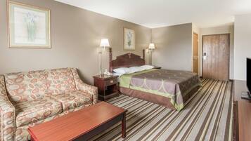 Desk, laptop workspace, blackout drapes, iron/ironing board