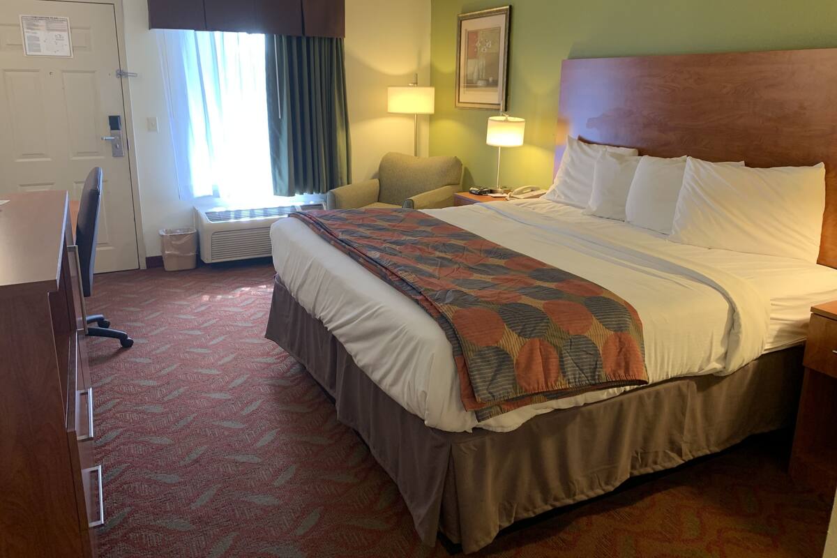 Una habitación de hotel con cama, escritorio, silla, lámpara y un cuadro en la pared.