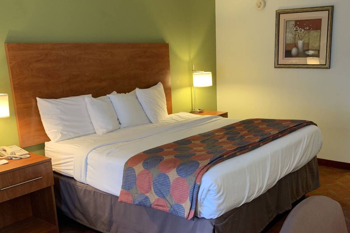 Habitación de hotel con cama, lámparas de noche, teléfono, una silla y un cuadro en la pared.