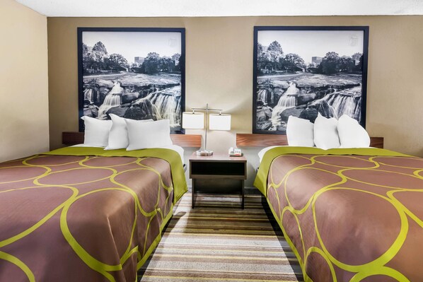 Desk, laptop workspace, blackout drapes, iron/ironing board