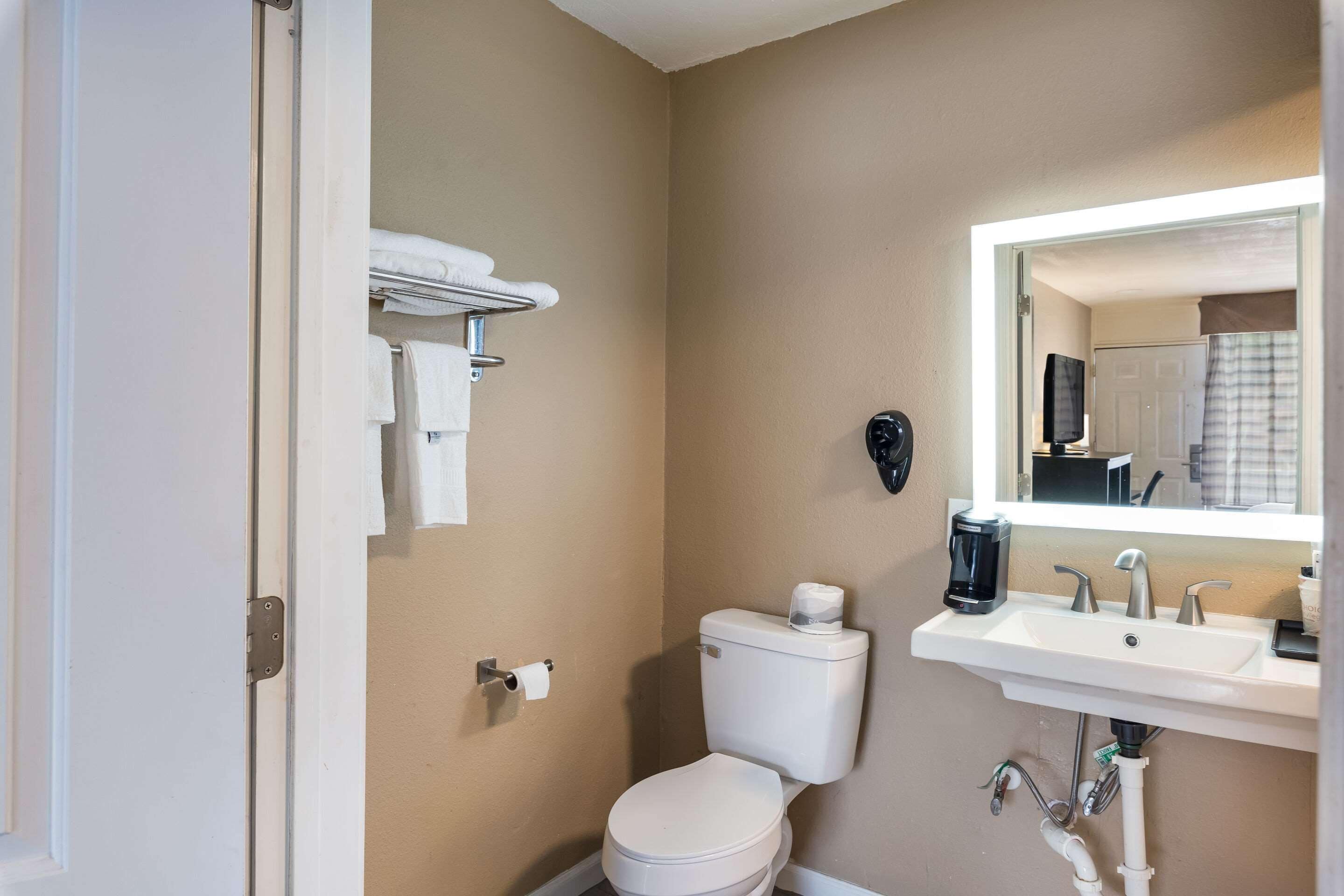 A bathroom with a toilet, sink, and mirror.