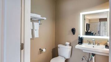 A bathroom with a toilet, sink, and mirror.