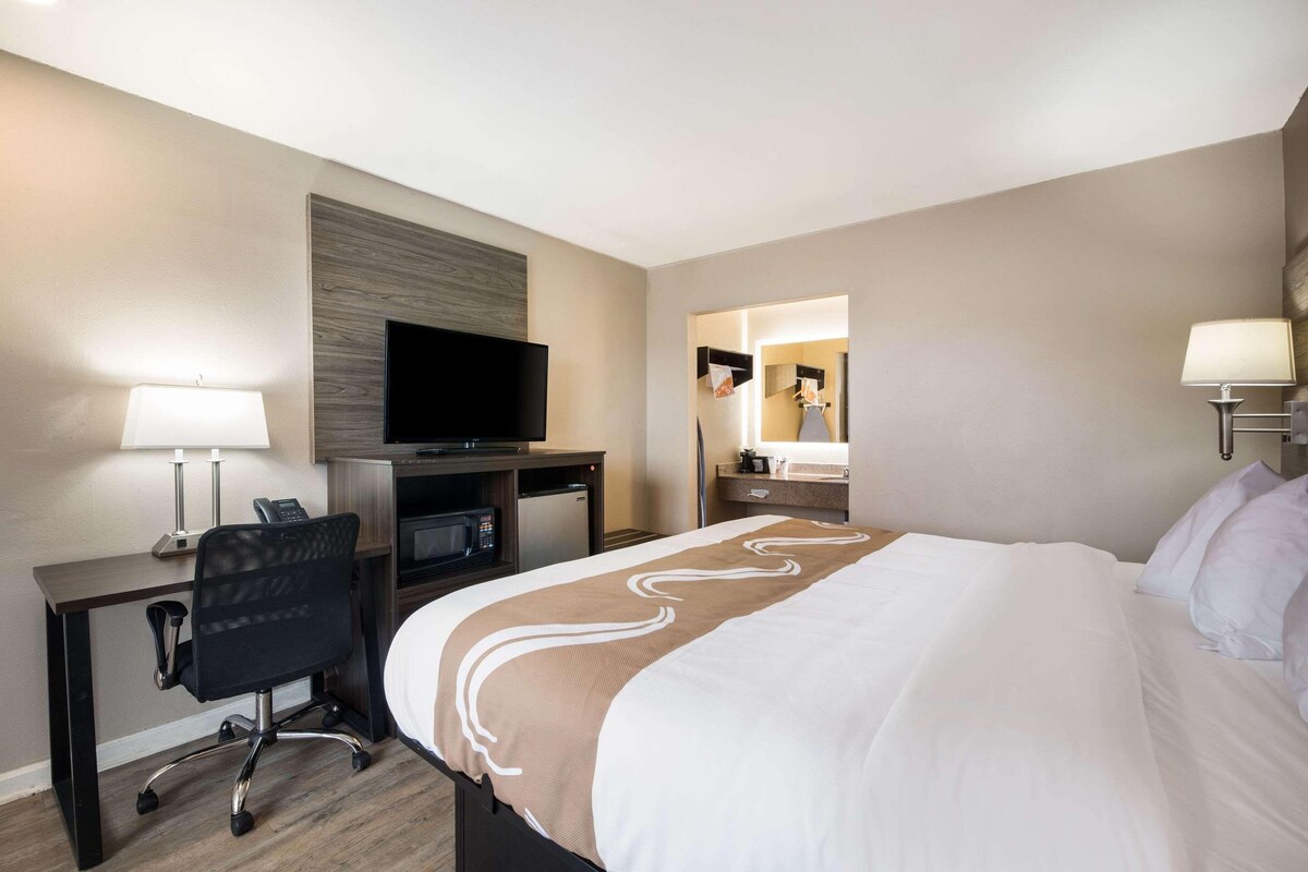 A hotel room with a bed, desk, chair, television, and a mirror.