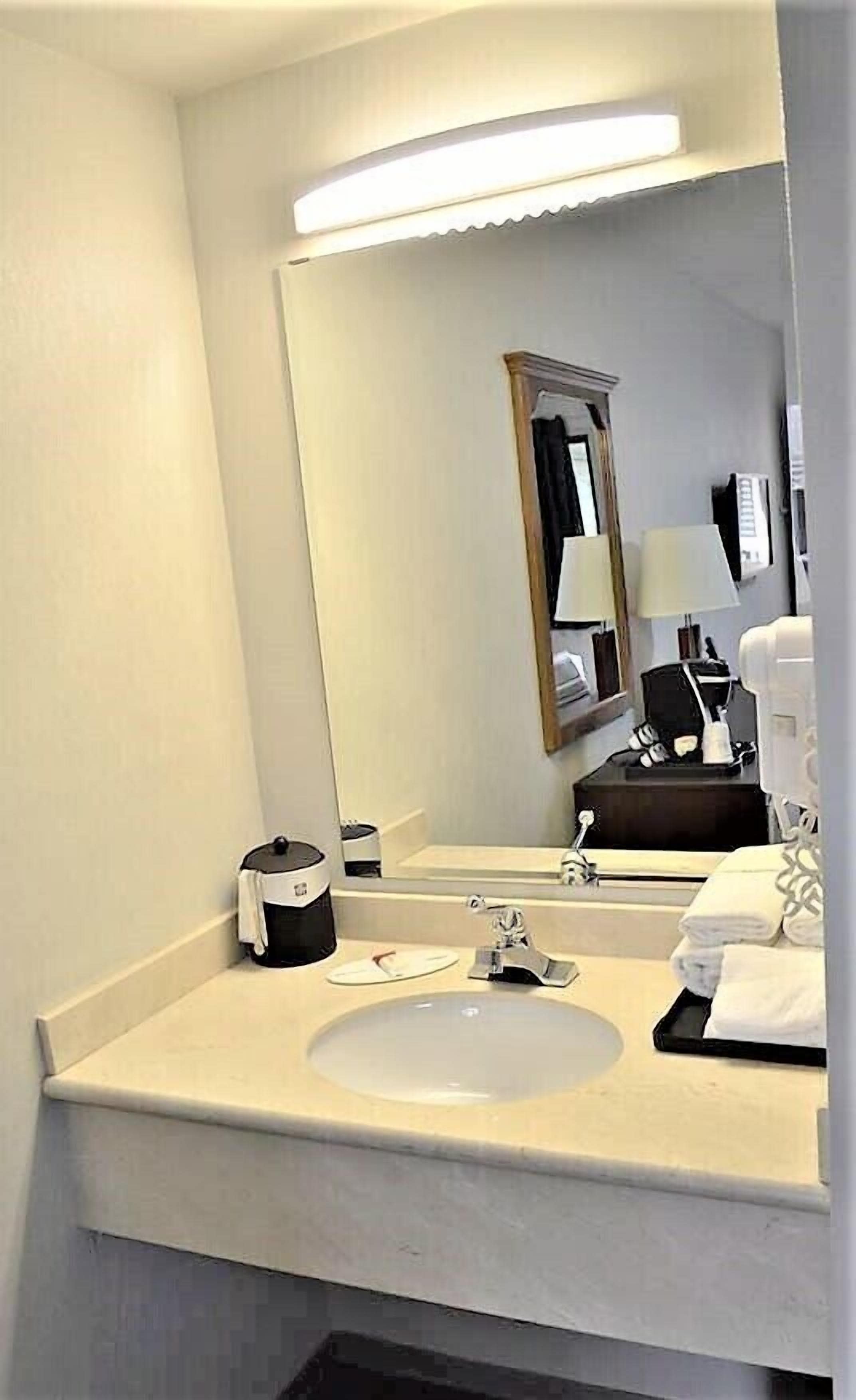 A hotel bathroom with a sink, mirror, and a coffee maker on the counter.