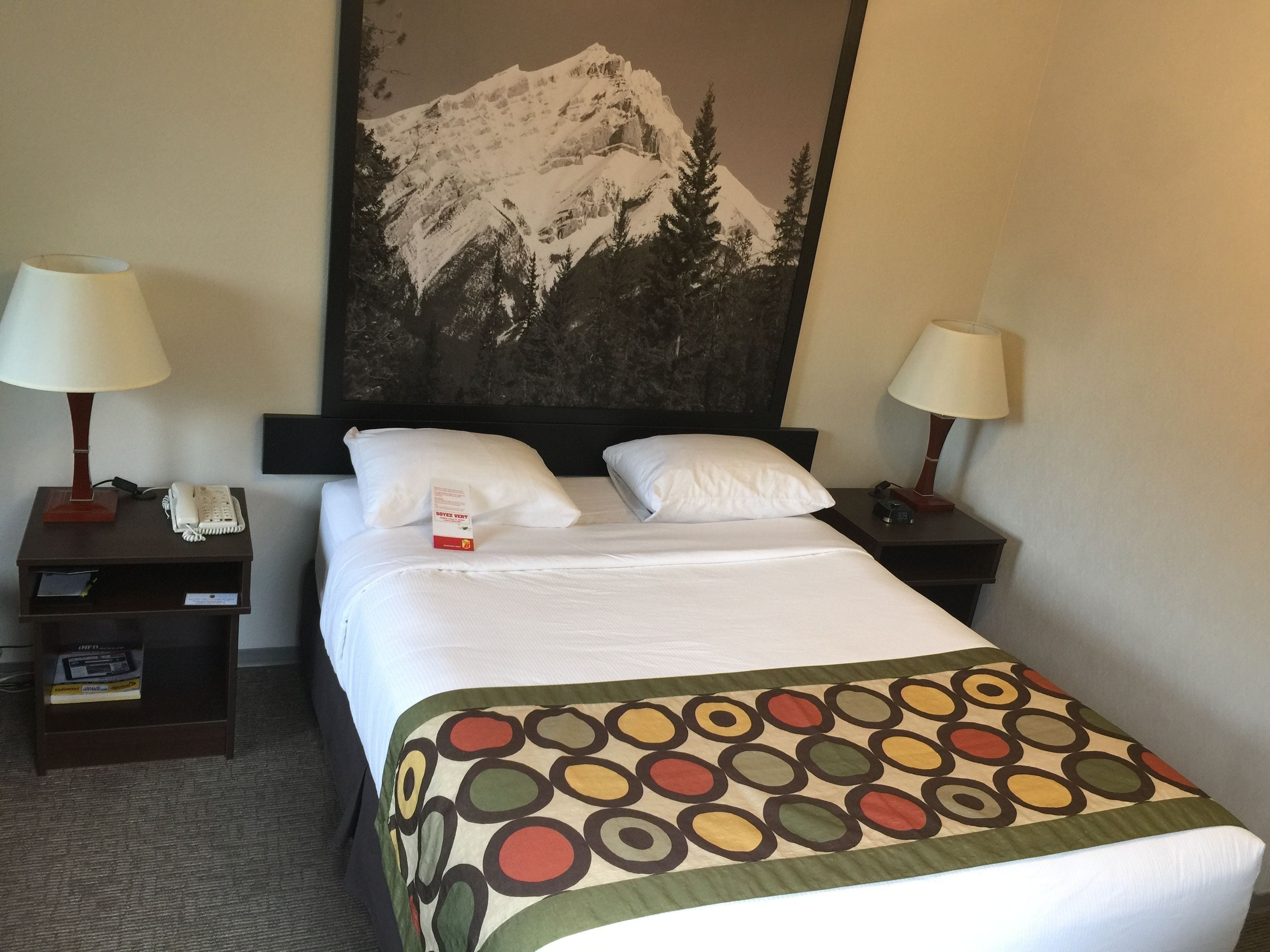Ein Hotelzimmer mit einem Bett, zwei Nachttischen mit Lampen, einem Telefon, einem gerahmten Bild einer Berglandschaft und einer bunten Tagesdecke.