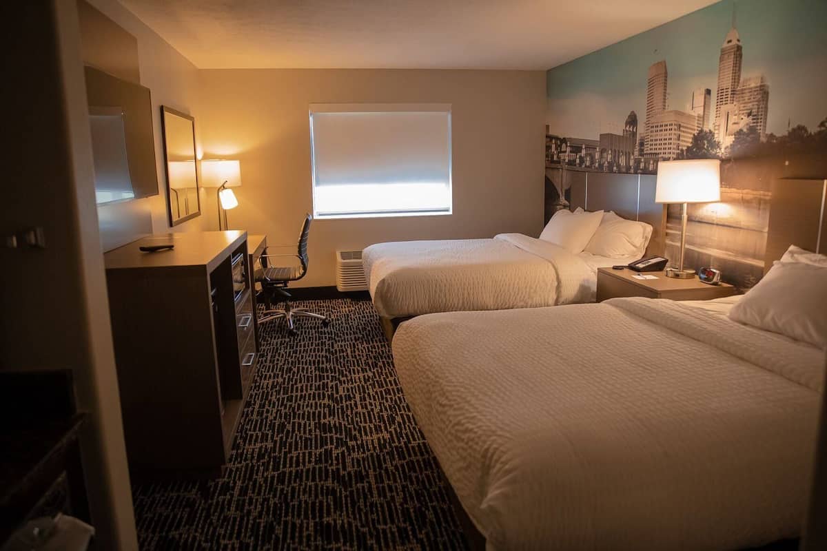 Desk, laptop workspace, blackout curtains, iron/ironing board