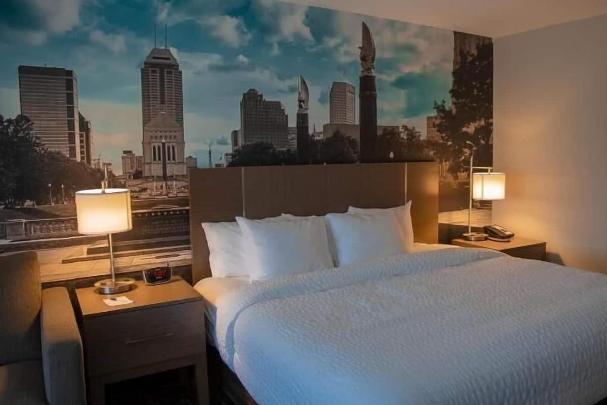 Desk, laptop workspace, blackout curtains, iron/ironing board