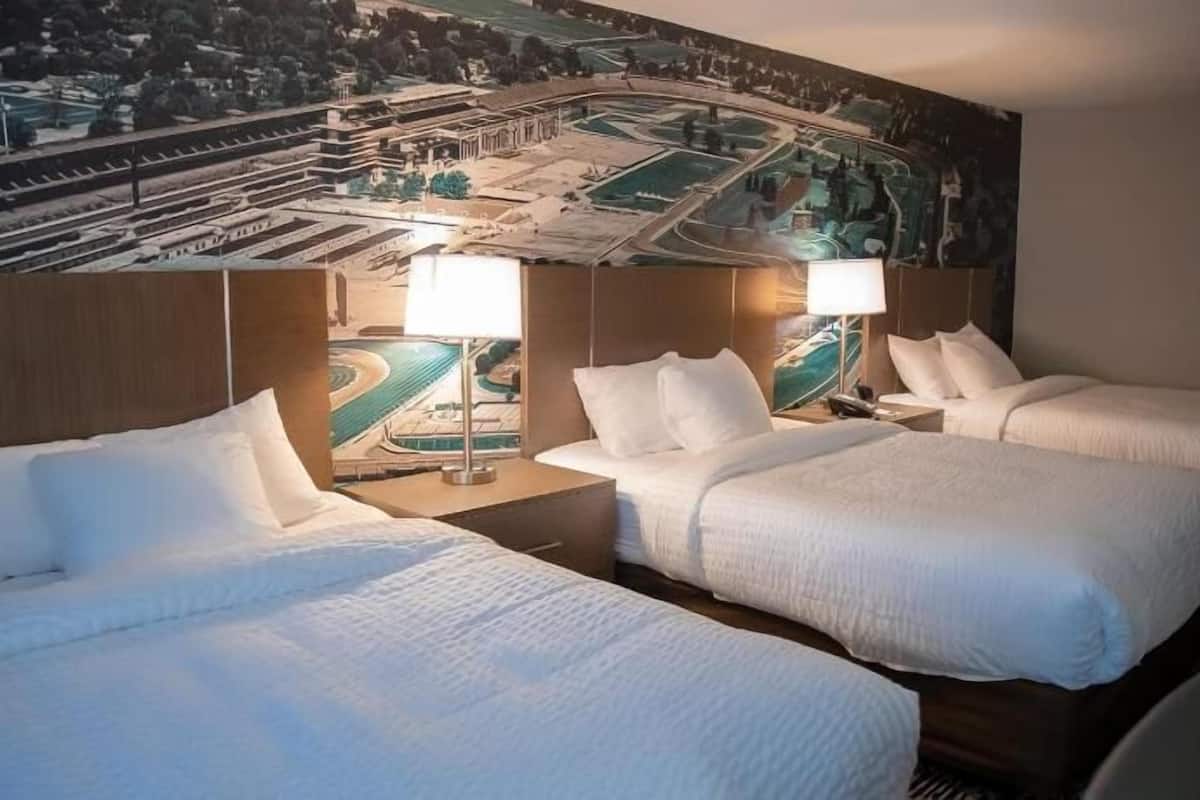 Desk, laptop workspace, blackout curtains, iron/ironing board