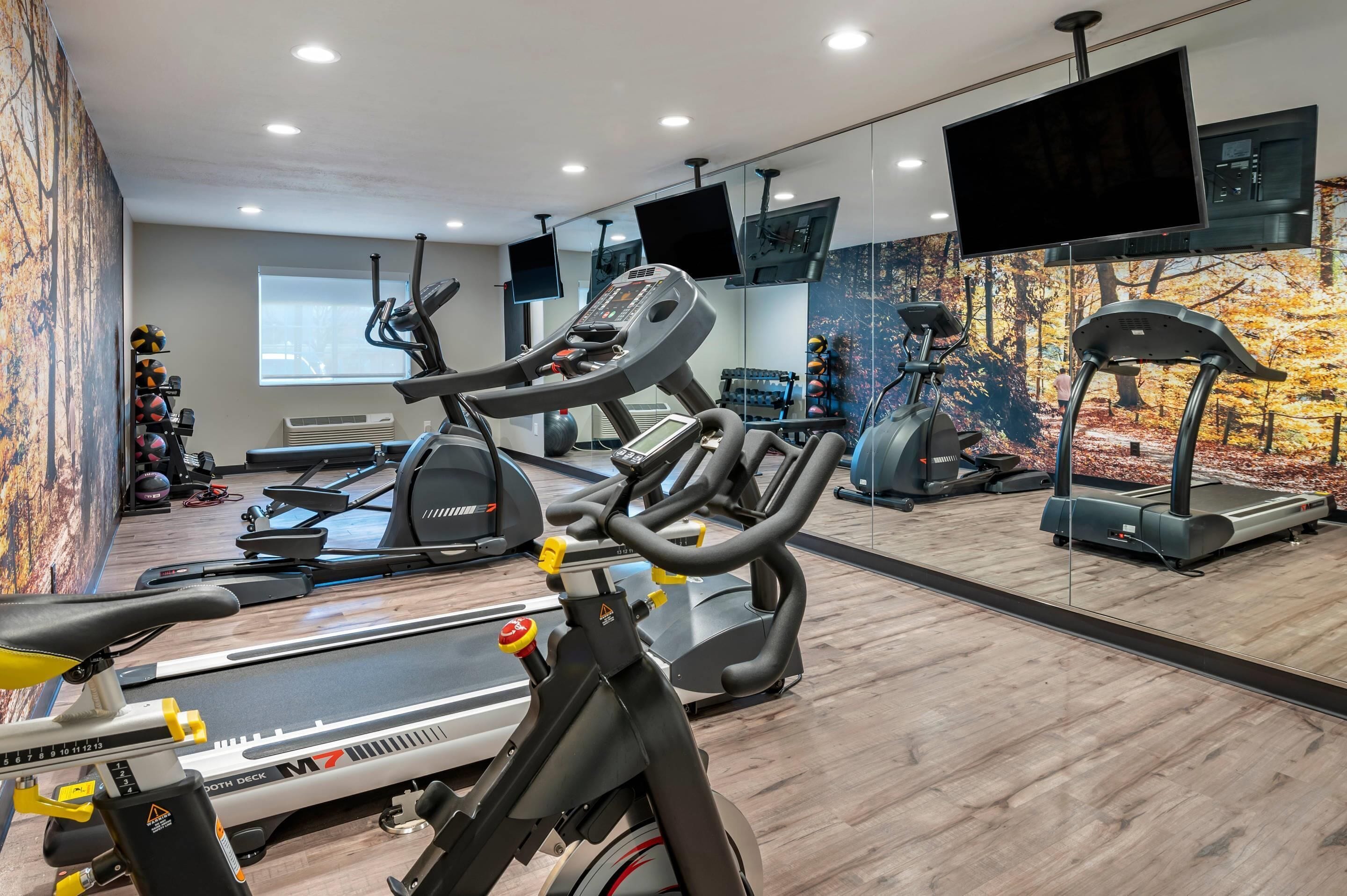 A gym with treadmills, stationary bikes, and exercise balls.
