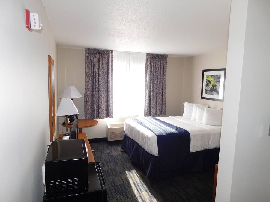 Ein Hotelzimmer mit Bett, Schreibtisch mit Lampe, Stuhl, Heizung und Rauchmelder.