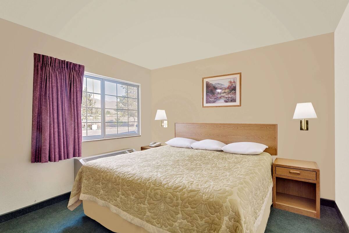 Een hotelkamer met een groot bed, twee nachtkastjes, een raam met paarse gordijnen, een schilderij aan de muur en een lamp aan beide zijden van het bed.