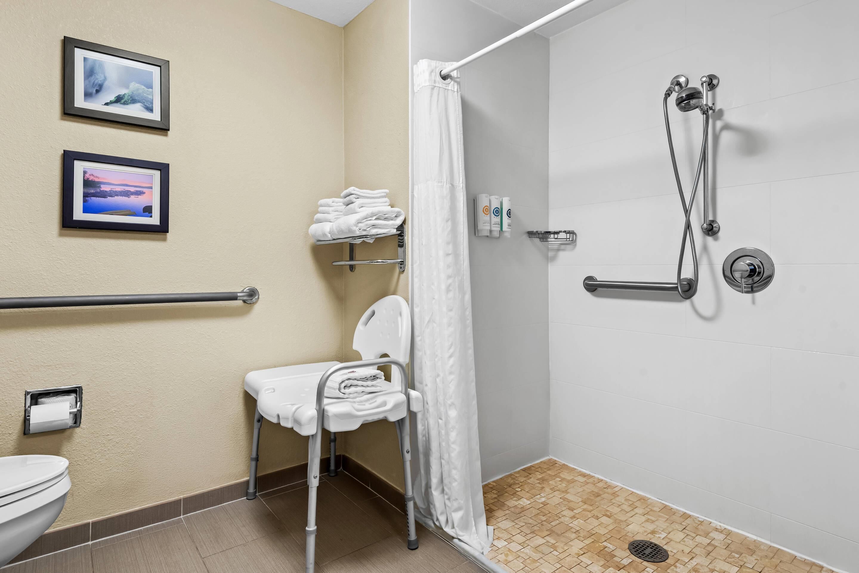 A bathroom with a shower, a toilet, a grab bar, a wheelchair-accessible chair, and two framed pictures on the wall.