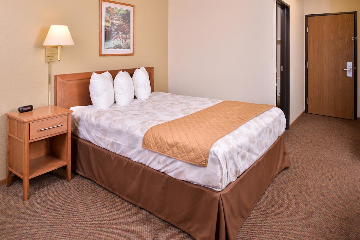 A hotel room with a bed, a nightstand, a lamp, a door, and a framed picture on the wall.