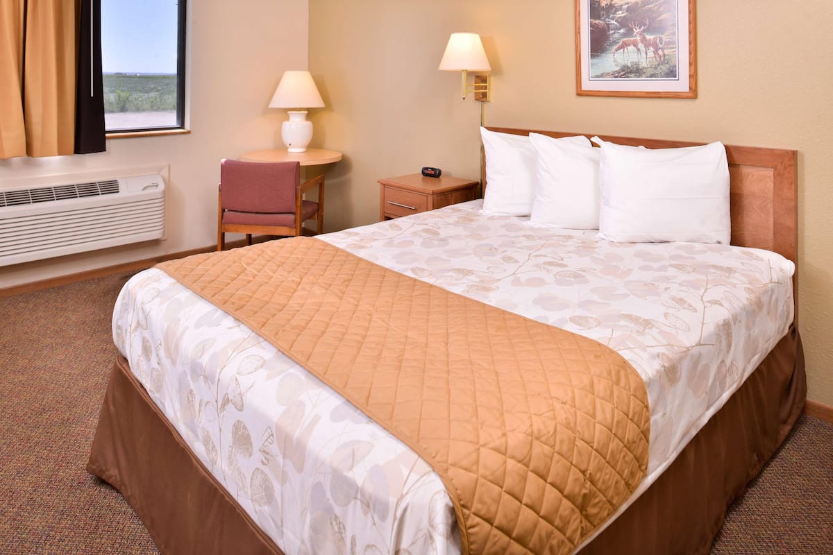 A hotel room with a bed, a desk, a chair, a lamp, a picture on the wall, and a window with curtains.