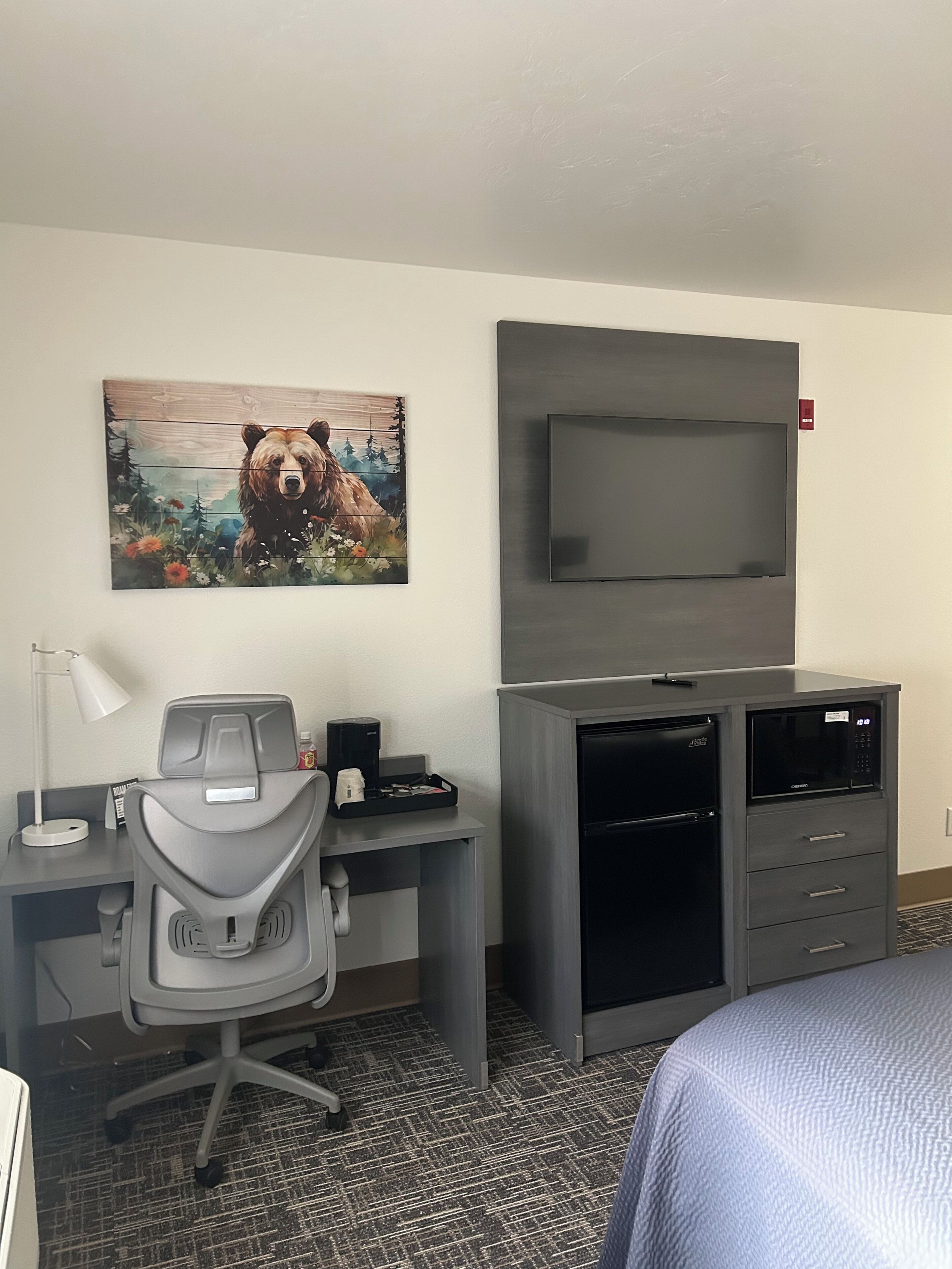A hotel room with a desk, chair, bed, TV, and a bear painting on the wall.