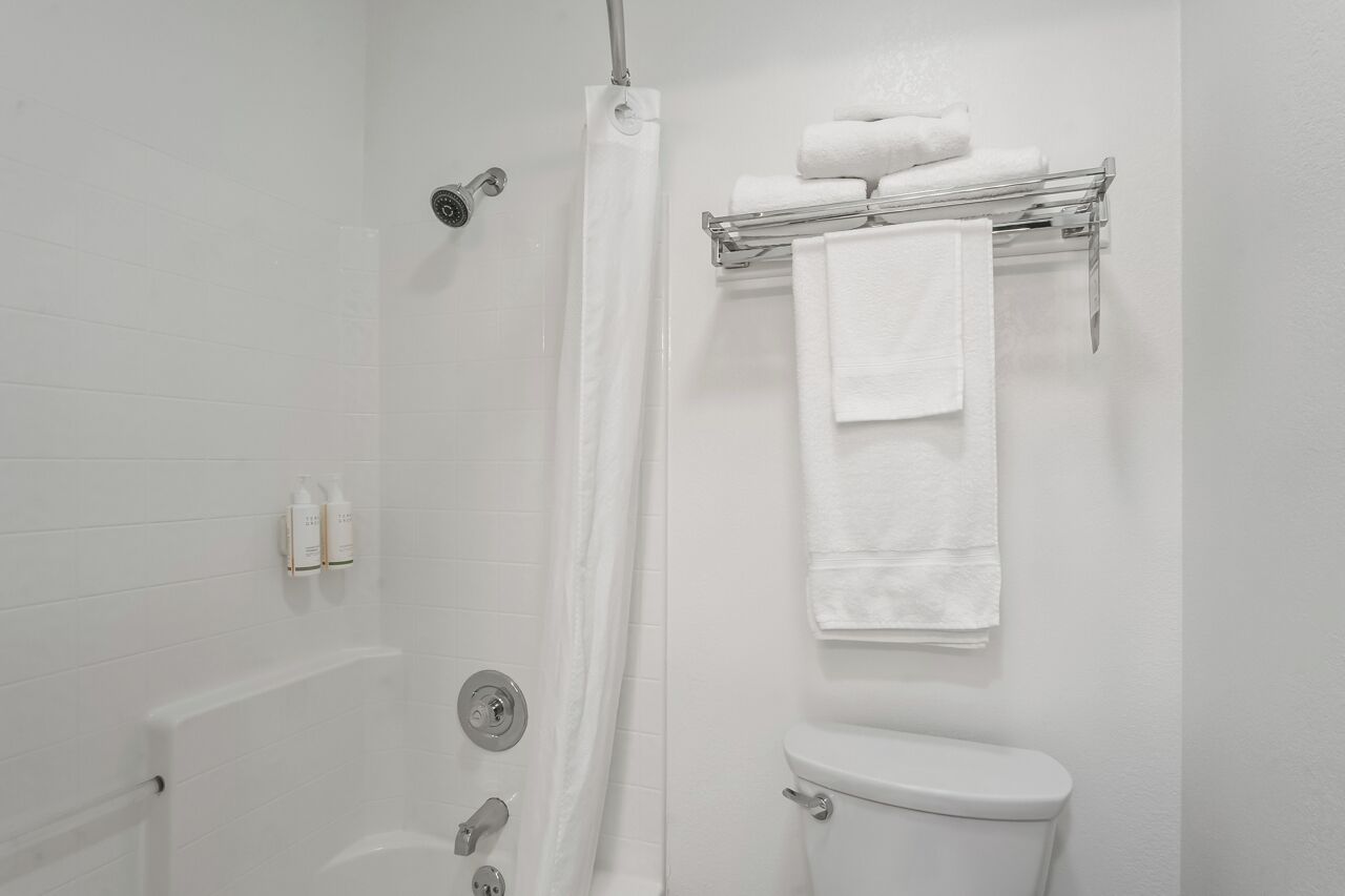Un baño con ducha, inodoro y toallero.