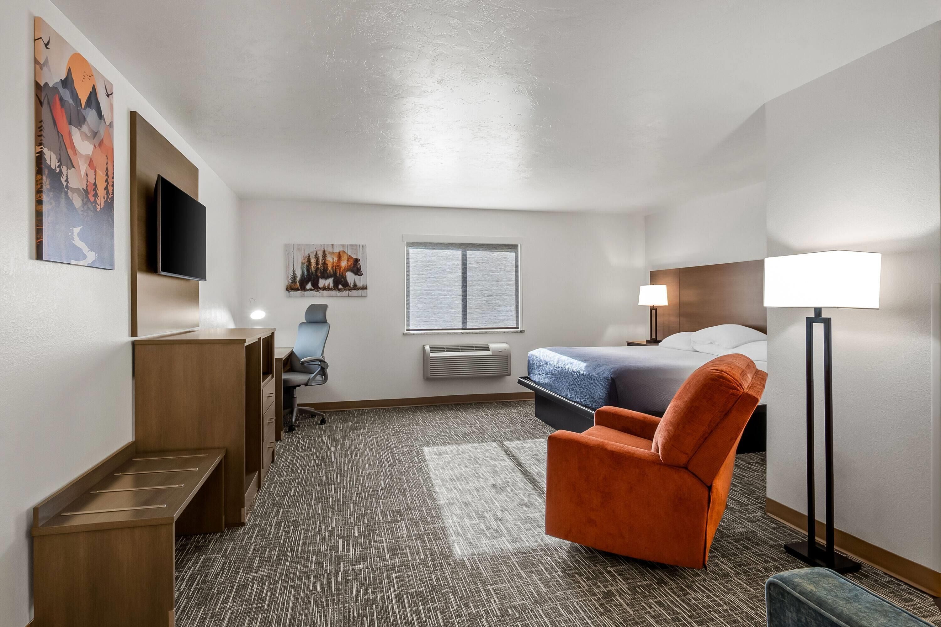Habitación de hotel con cama, escritorio, silla, televisor, obra de arte, ventana y lámpara.