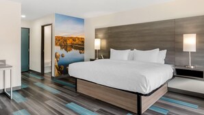 Quarto de hotel moderno com uma cama grande, uma mesa de cabeceira com luminárias, uma TV na parede e uma pintura de uma paisagem.