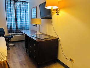 Desk, iron/ironing board, free WiFi, alarm clocks